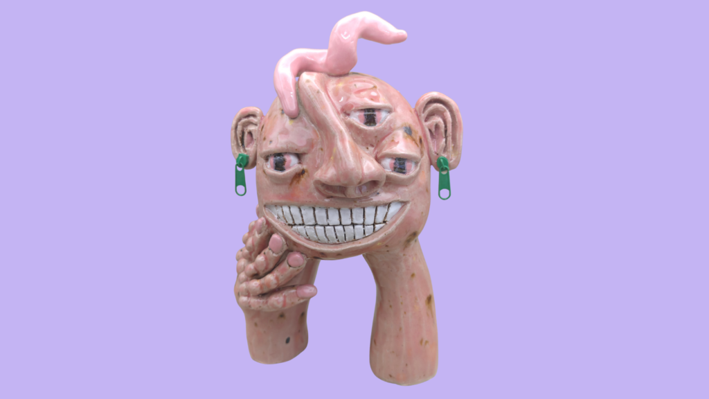 Digitale surrealistische monster sculptuur met organische vormen en meerdere ogen en groene rits oorbellen