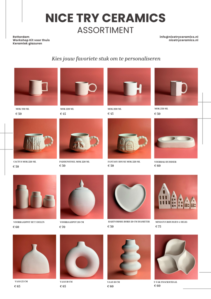 Overzicht van het assortiment handgemaakte keramiek voor een keramiekworkshop in Rotterdam, met mokken, vazen, schalen, voorraadpotten en decoratieve objecten.