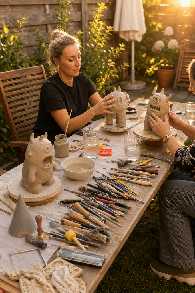 Twee curisten maken een monster workshop in de tuin met gereedschap