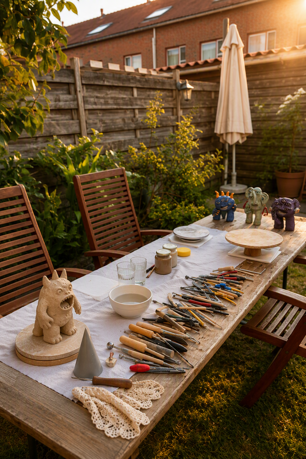 Scene in de tuin op locatie van de workshop met voorbeelden van drie monsters op de tafel